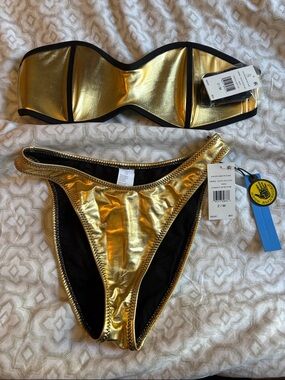 Good American x Body Glove Gold Metallic Bandeau Bikini